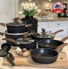 Kitchen Academy Induction Cookware Sets - 12 Piece Cooking Pan Set, Granite Bla