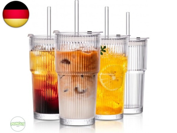 600 Ml Glasbecher Mit Deckel Und Strohhalm, Gerippte Trinkbecher FüR Iced-image
