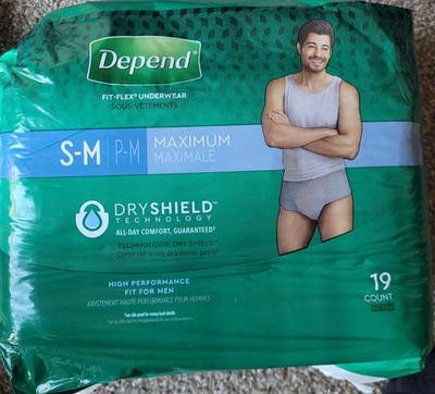  4 Units of Depends Fit-Flex Underwear for Men S-M Maximum Dryshield 19 Count