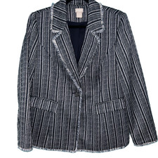 Chicos Navy Tweed Striped Blazer Jacket Size 1 US 8/10 Fringe