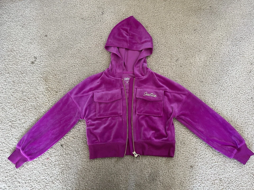 Justice XS 5/6 Rosa Púrpura Terciopelo Difuso Con Capucha Cremallera Sudadera Chaqueta Camisa Foto 2 de 4