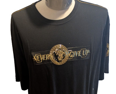 Men Black crew neck shirt with front logo never give up print s/s size 5XL