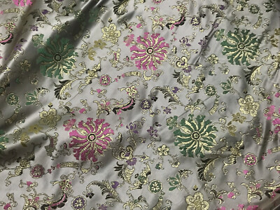 Gray Gold Pink Green Multicolor Floral Metallic Brocade Fabric 45  Width 1 Yard