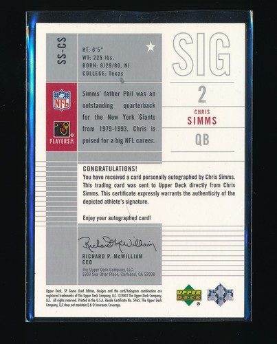 CHRIS SIMMS 2003 SP GAME USED EDITION SIGNIFICANT SIGNATURE RC ROOKIE AUTO #/99 - Picture 2 of 2