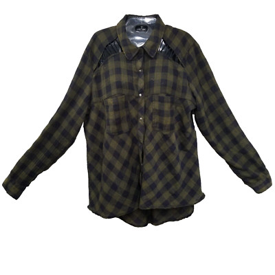 Free People Top Shirt Gauzy Plaid Snap Cut Out Green Oversized Hi-Lo Hem Sz M