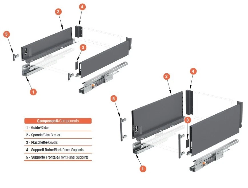 Coppia GUIDE SPONDINE Cassetto Portata 45 kg Estrazione Totale 4 Altezze - SP-SL - Immagine 3 di 4