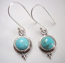 Genuine Turquoise Round 925 Sterling Silver Dangle Earrings
