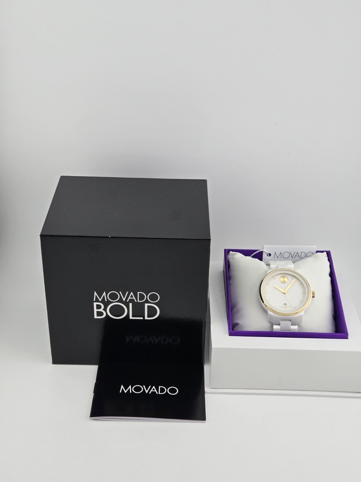 $895 MSRP | Movado Bold Verso Women's Gold Accent White Ceramic Watch - 3600934