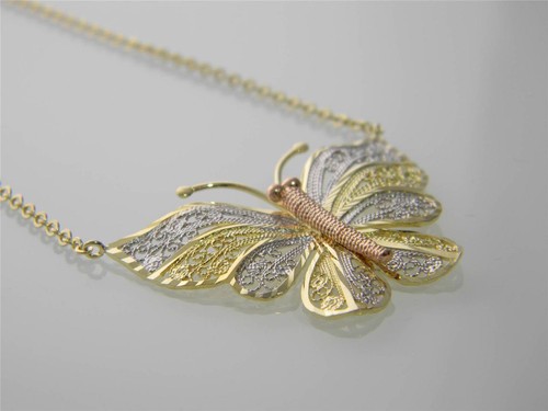 STATEMENT MAKER!!!! TRI COLOR 10KT GOLD BEAUTIFULL FILIGREE BUTTERFLY NECKLACE - 第 5/10 張圖片