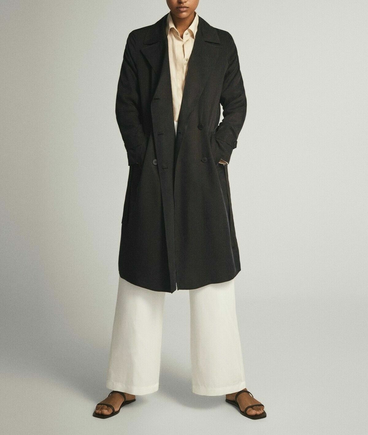 BNWT Massimo Dutti Black Loose Fitting Cupro Trench Coat Size M image 2