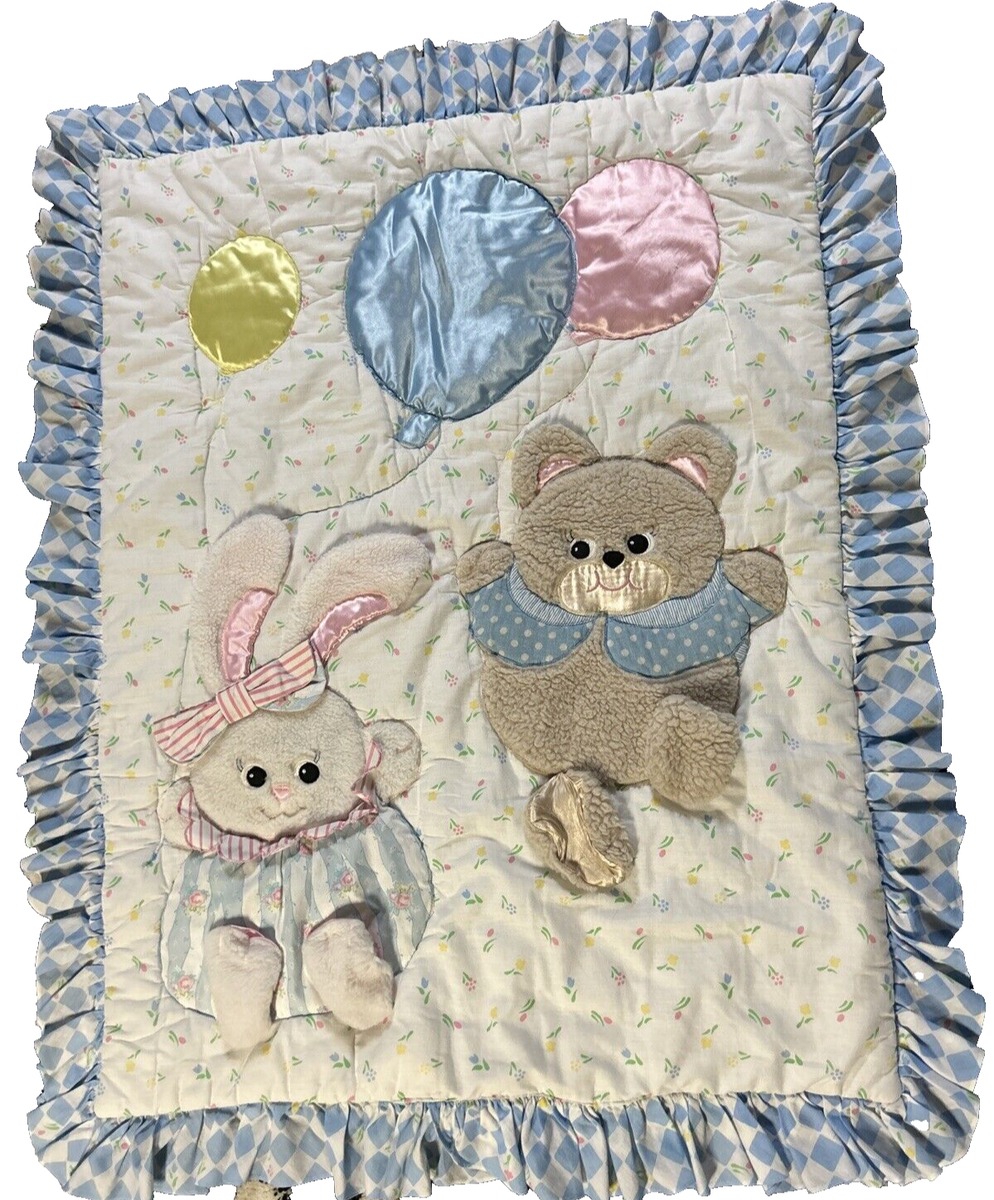 Red Calliope Vintage Baby Blanket Bunny Bear Satin Balloons 1990