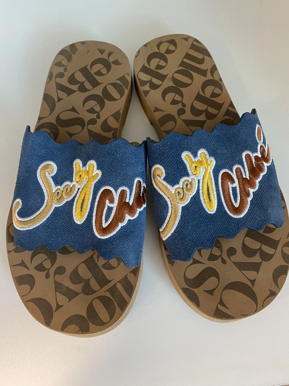 See By Chloè Essie Mules Signature Logo Leather Slides Sandals Brown Blue EU 37