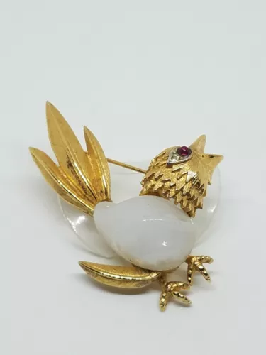Vintage Marcel Boucher Bird Glass Belly Gold Tone Brooch Pin