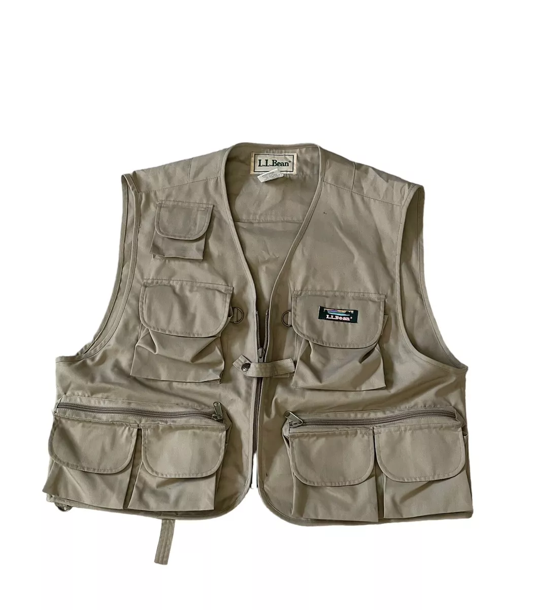 LL Bean Khaki Fly Fishing 18 Pocket Vest Vintage Large 90's