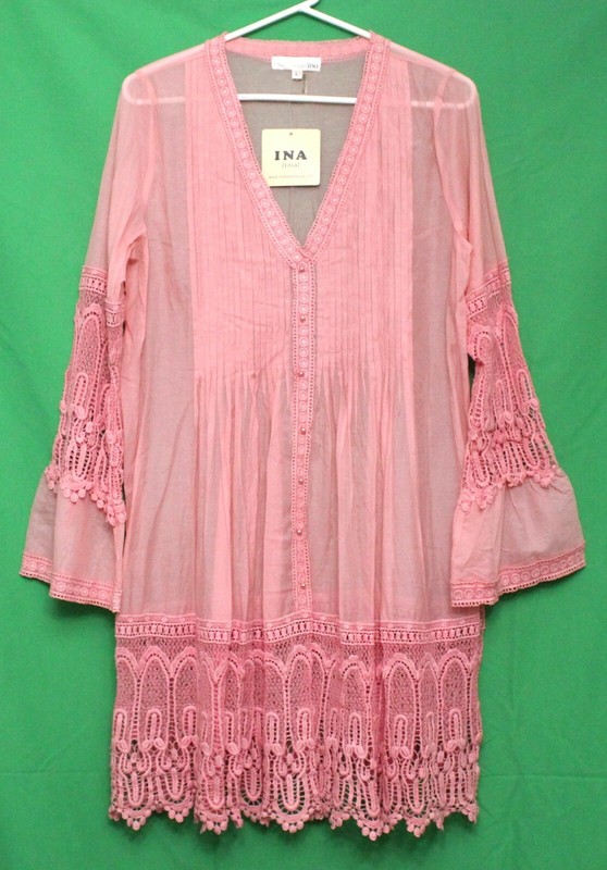 INA USA *NWT* Women's Large Lace Pleated Pink Coral Sheer Dress Cardigan Duster
