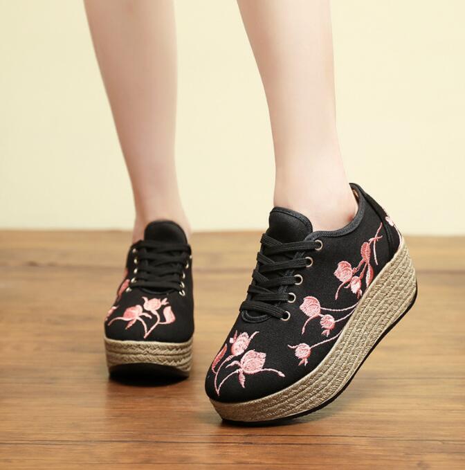 Womens 2024 Fashion Flower Embroidery Platform Lace Up Canvas