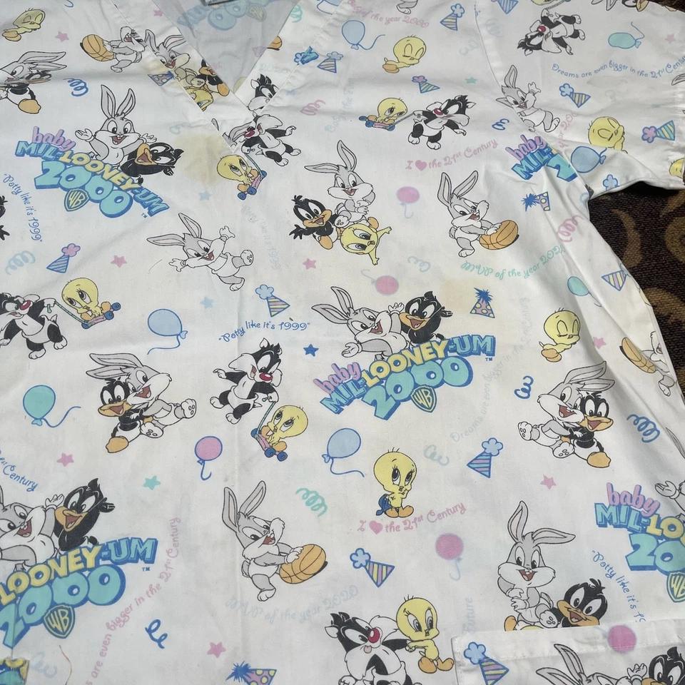 Vtg Baby Looney Tunes Women Scrub Top Large Blue 2000 MilLooneyUm - Image 2 of 4