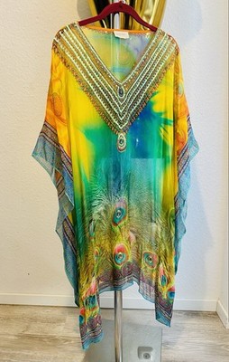 Bagatelle France Tunika Kaftan mit Pailletten & Pfauenmotiv .Neu