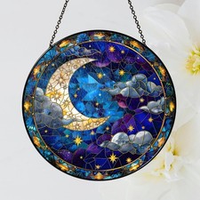 Moon and Star Stained Glass Suncatcher, Celestial Night Sky Ornament, Handmade