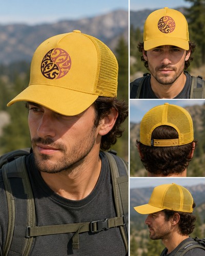 prAna Roads Ahead Trucker Hat Golden Leaf Symbol Yellow Mesh Snapback NWT OS