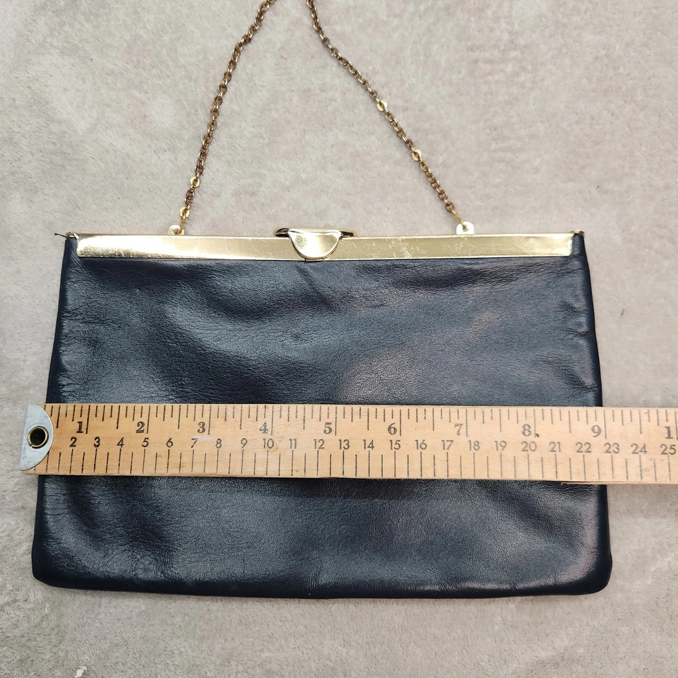 Bolso de Noche Vintage Etra Cuero Genuino Negro Tono Dorado Cadena Cierre Cuadrado Foto 4 de 4