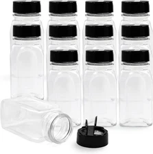 RoyalHouse 6 Pack 9.5 Oz Plastic Spice Jars with Black Cap, Clear and 