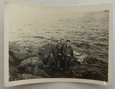 Original 1940s Photograph Four Soldiers Posing on Rocky Shore Coastline
