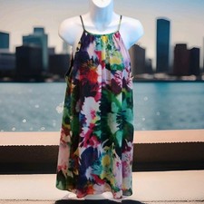 Maggy London Floral Halter Dress Size 8 Colorful Watercolor Chiffon Shift Dress