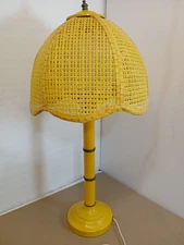   Wicker Yellow Faux Bamboo Table Lamp & Shade 24" Tall Vintage Mid Century