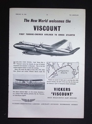 Original 1953 Advert Vickers Viscount Turbine-Engined Airliner