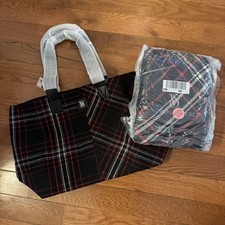 Victoria  s Secret Black Red Plaid Tote Bag Sherpa Fleece Throw Blanket Set