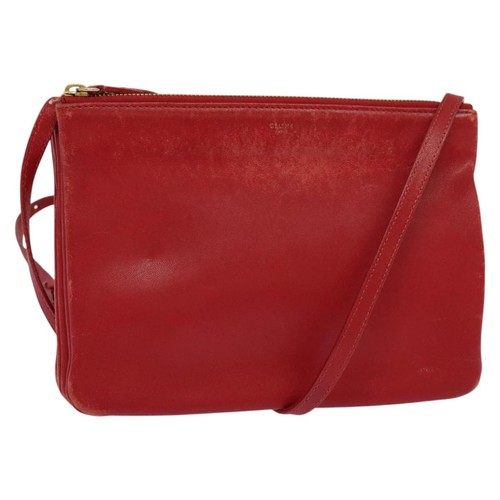 CELINE Trio Small Shoulder Bag Leather Red Gold Auth 113929