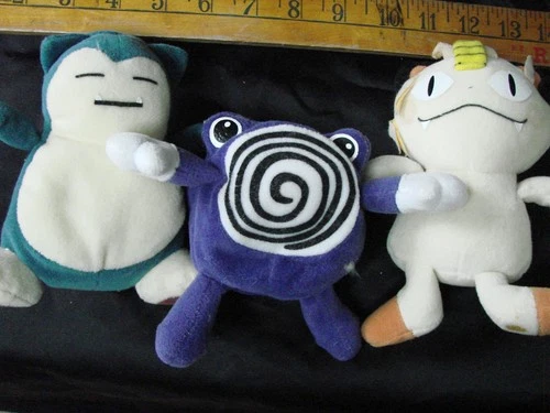 VTG Plush Pokemon LOT 3 Meowth Poliwhirl Snorlax Toy 6 in