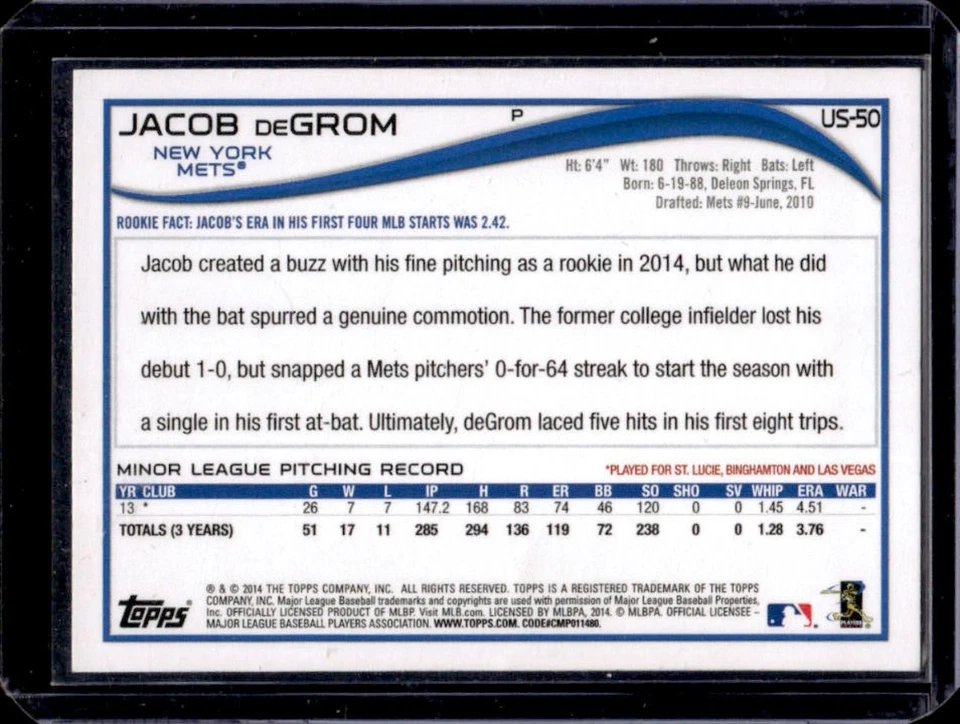 2014 Topps Update Jacob deGrom RC Rookie #US-50a Mets - Image 2 of 2