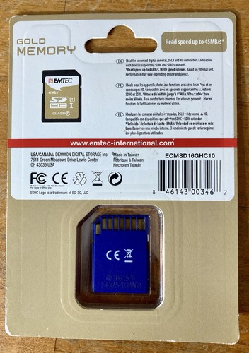 Blue Emtec 16 GB Class 10 Mini Jumbo Micro SDHC Memory Card Up To 45 MB/s Gold - Picture 2 of 2