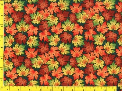 Red Orange Yellow Fall Leaves on Green Quilting & Sewing Fabric by the Yard #878