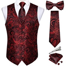 Men's Silk Paisley Vest and Necktie Set 6PCS Pre-tied Bow Tie Large Red Black