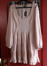 Express Women's Pink Smocked Bodice Long Sleeve Mini Dress V-Neck Size L NWT
