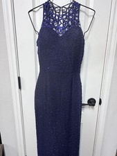 SCALA Silk Beaded Evening Gown Small Navy Blue Cutout Sequin Maxi Formal Dress
