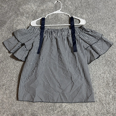 Off Shoulder Top Womens XL Cottagecore Gingham Ruffles Parisian Chic Milkmaid