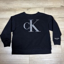 Calvin Klein Fleece Sweatshirt Jeans Ladies Crewneck Pullover Black Silver XL