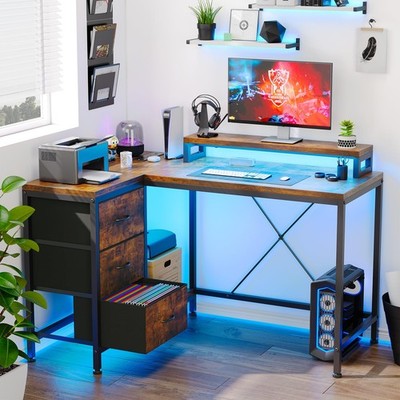 Home Office Desk with Outlets & LED Light , Gaming Computer Desk with 3 Drawers