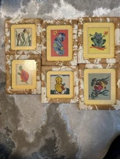 Set of Six Framed Cross-stitch Or Needlepoint Pictures. Vintage 1970s