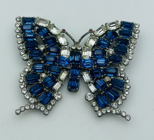 Pendentif épingle vintage pieuvre strass Gemme bleue en métal argenté