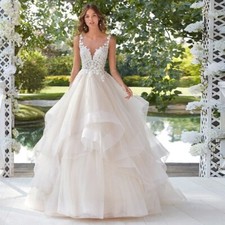 A Line Tulle Princess Wedding Dress For Women Sleeveless Lace V Neck Backless