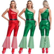 Women Rompers One Shoulder Bodysuit Shiny Jumpsuit Dance Sleeveless Xmas Adult