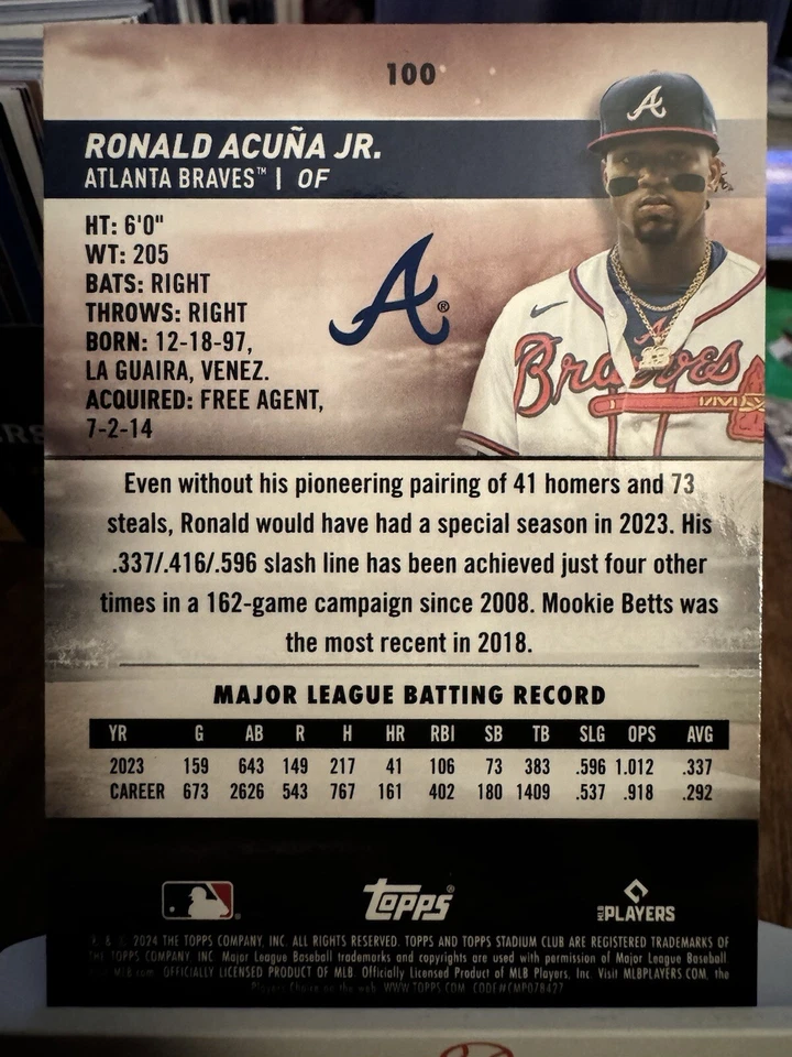 Ronald Acuña jr #100 Topps Stadium Club 2024 Black And White Green Foil - Image 2 of 4