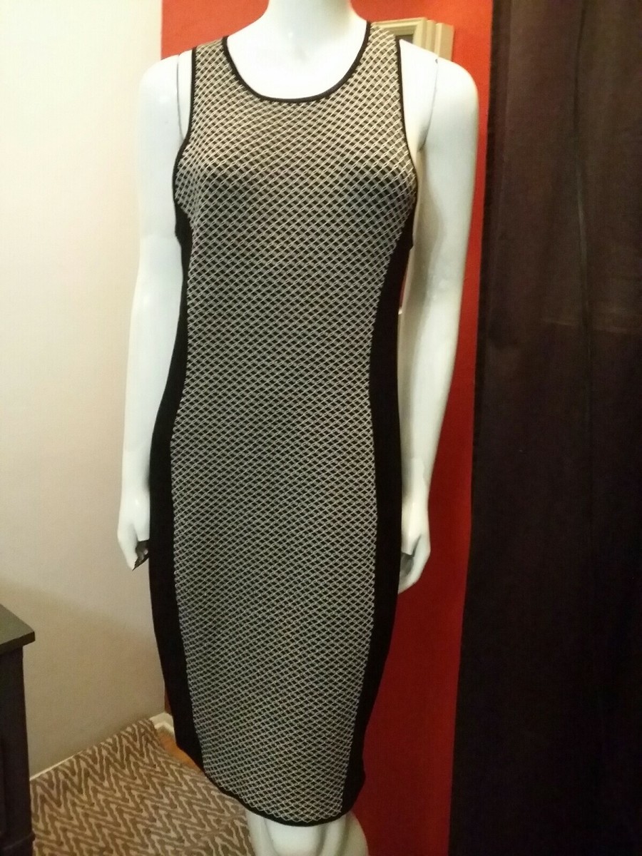 TRINA TURK BLACK WHITE SLEEVELESS BODYCON HEAVY KNIT DRESS SIZE LARGE
