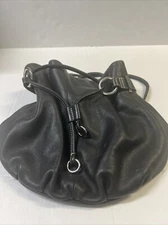 Fossil Lauren Black Leather Drawstring Bucket Bag. Black Leather Shoulder Strap.