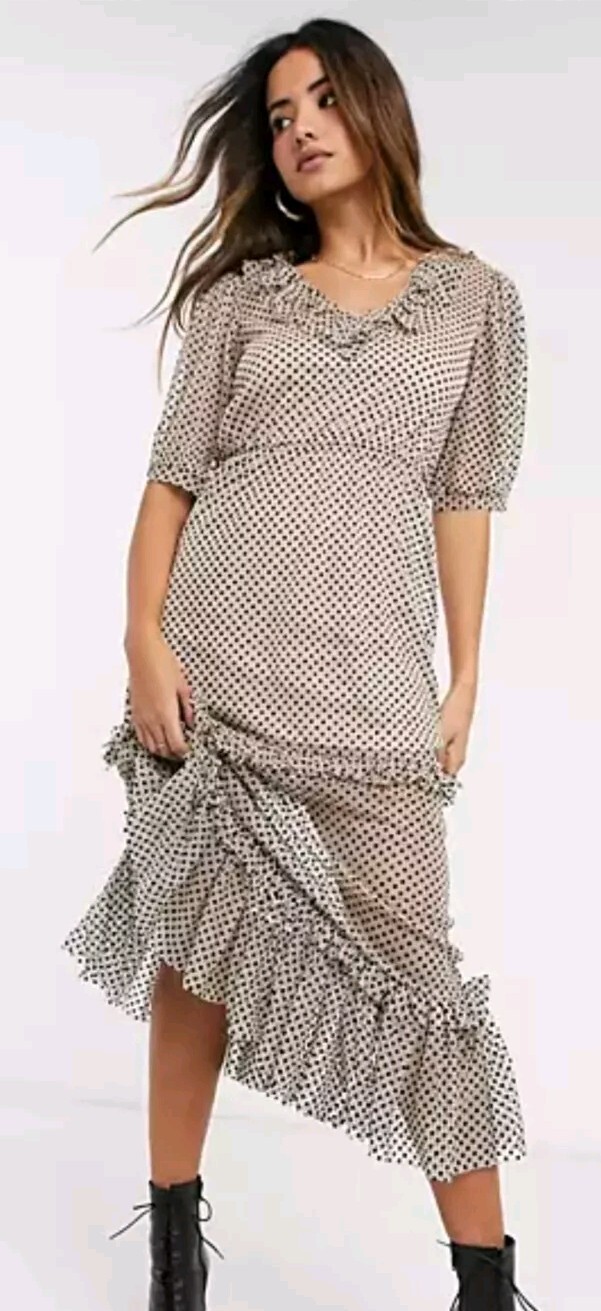 NEW River Island Beige Black Spot Sheer Tiered Maxi Dress Size 14 flocked